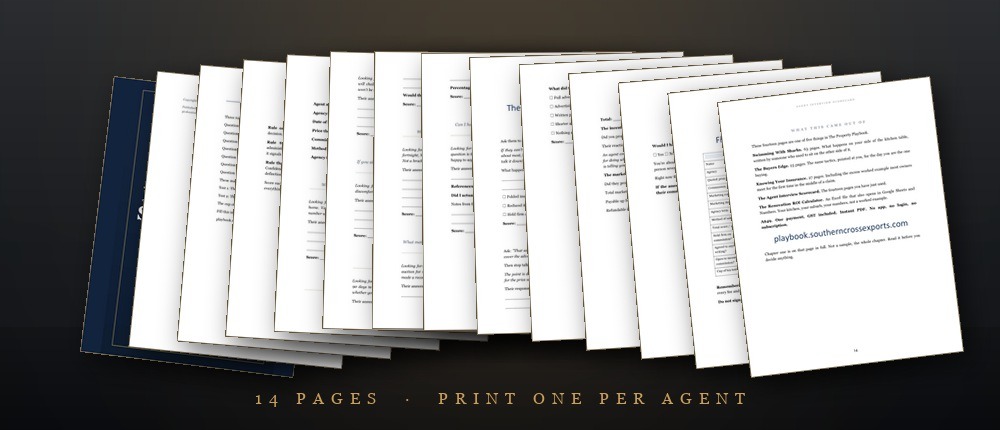 All thirteen pages of the scorecard, fanned out, ending on the three-agent comparison summary