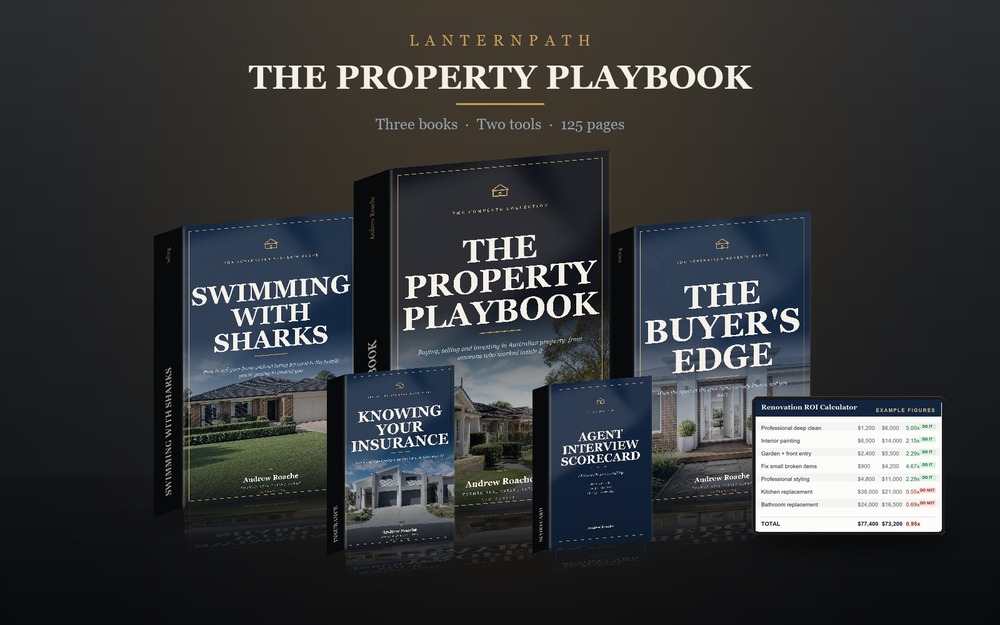 The Property Playbook. Three books, the Agent Interview Scorecard and the Renovation ROI Calculator, with the calculator open beside them